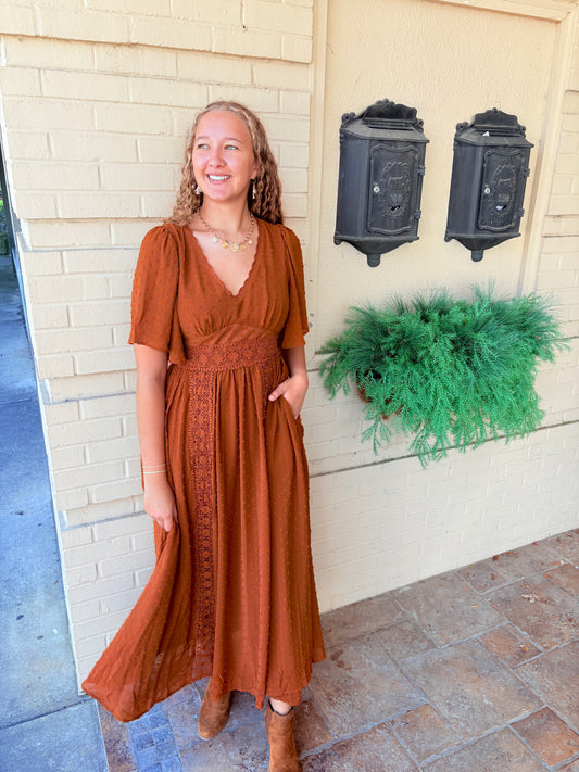 Swiss Dot Lace Maxi Dress - Camel
