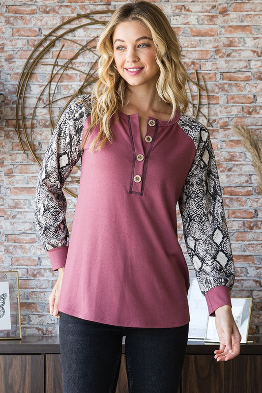 Full Size Snakeskin Print Raglan Sleeve Half Button Top ONLINE ONLY