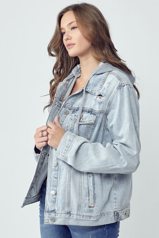 RISEN Full Size Distressed Drawstring Hooded Denim Jacket ONLINE ONLY