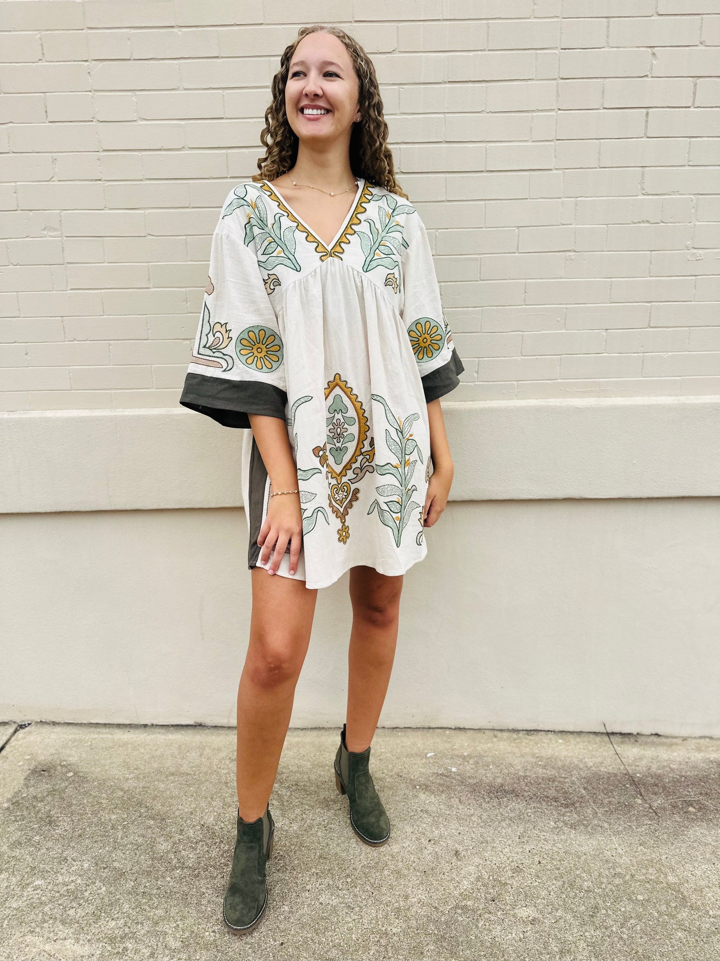 Boho Embroidered Babydoll Dress - Sage