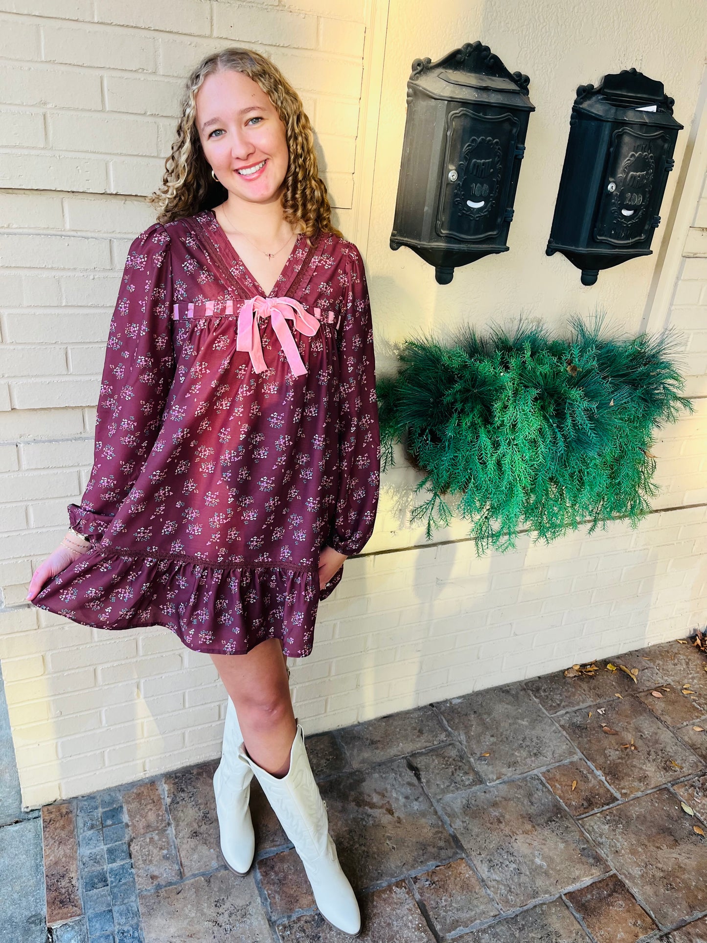 Floral Printed Front Bow Dress - Chocolate