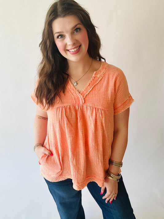 Washed Gauze Top - Coral