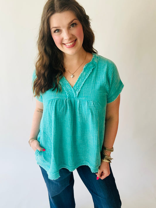 Washed Gauze Top - Turquoise
