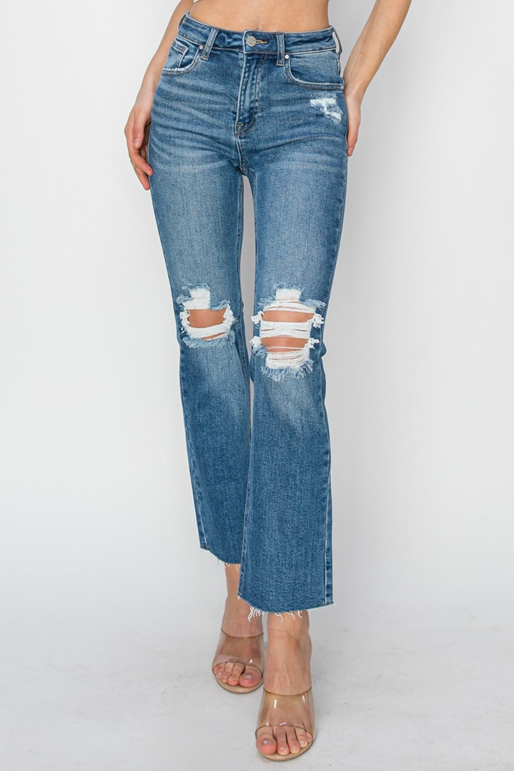 ONLINE ONLY RISEN High Rise Distressed Ankle Jeans