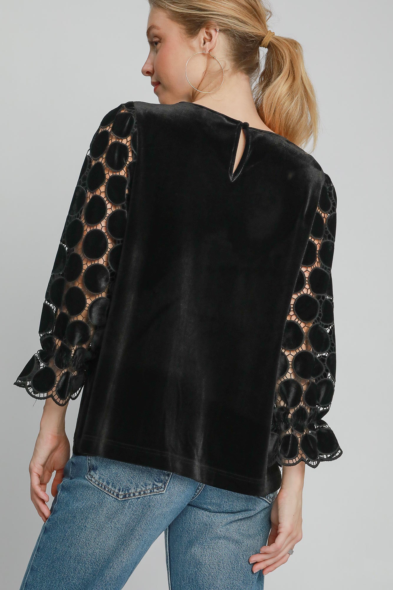 Polka Dot Lace Long Sleeve Round Neck Blouse ONLINE ONLY