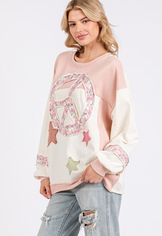 Peace & Star Patch Contrast Round Neck Sweatshirt ONLINE ONLY