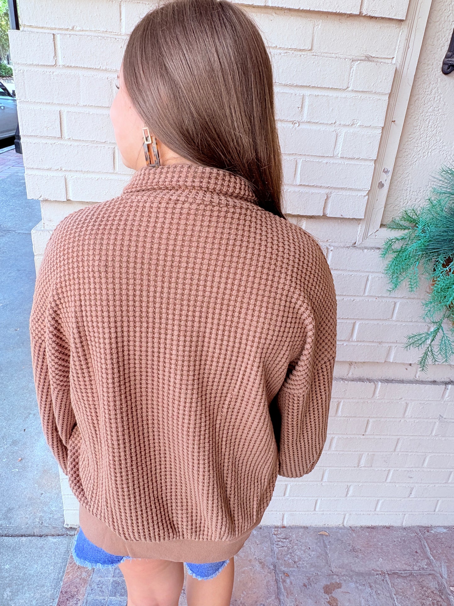 Oversized Half Button Down Waffle Knit Pullover - Chocolate