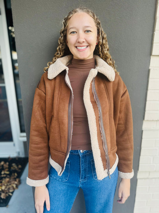 Contrast Faux Shearling Jacket - Brown