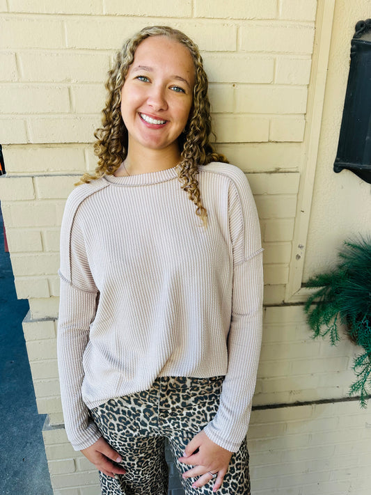 Rib Boat Neck Long Sleeve Top