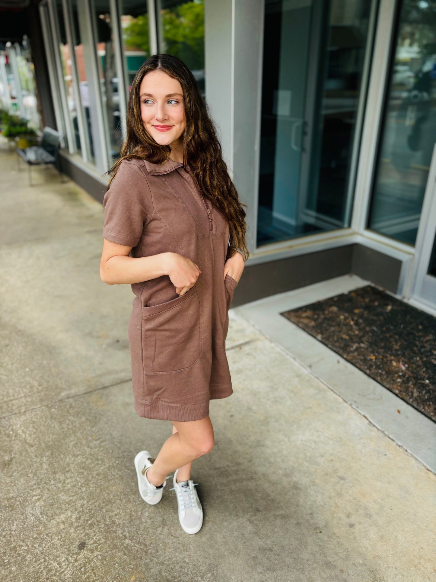 French Terry Short Sleeve Quarter Zip Dress - Smoky Brown