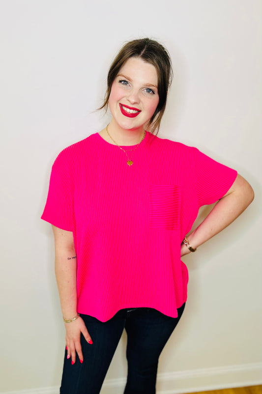 Corded Rib Short Sleeve Front Pocket Top - Neon Hot Pink
