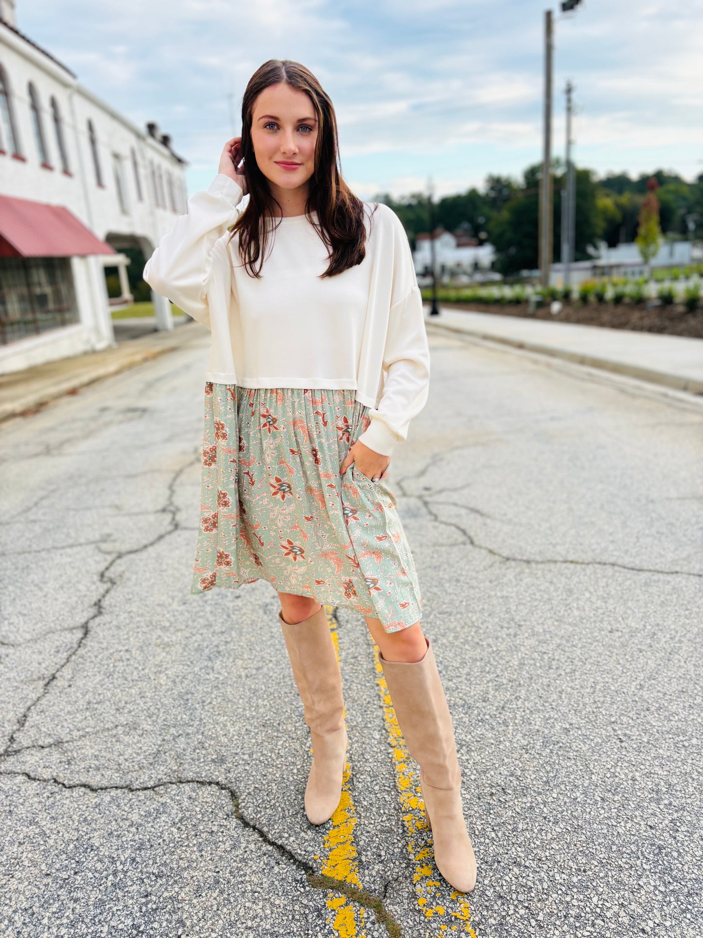 Floral Contrast Sweatshirt Dress - Ivory Combo