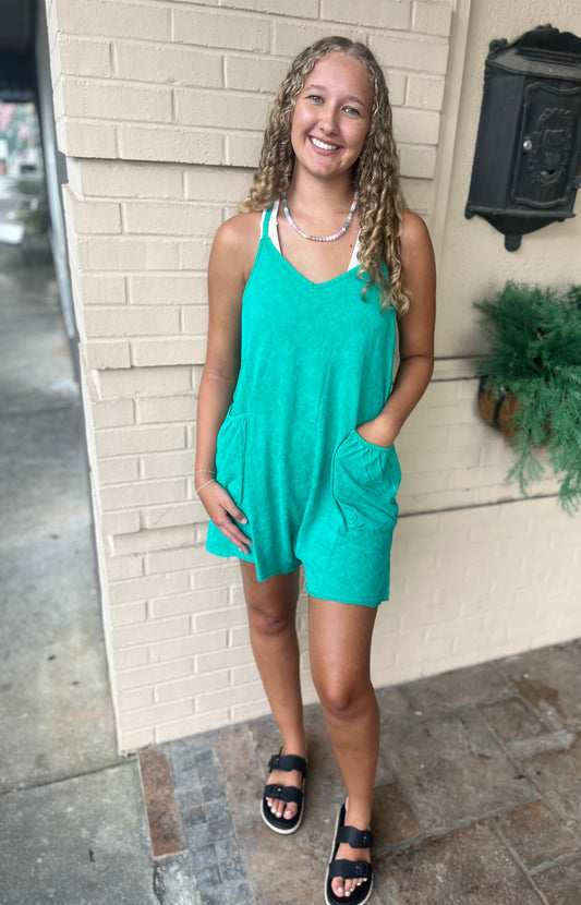 Mineral Washed Sleeveless Romper - Green