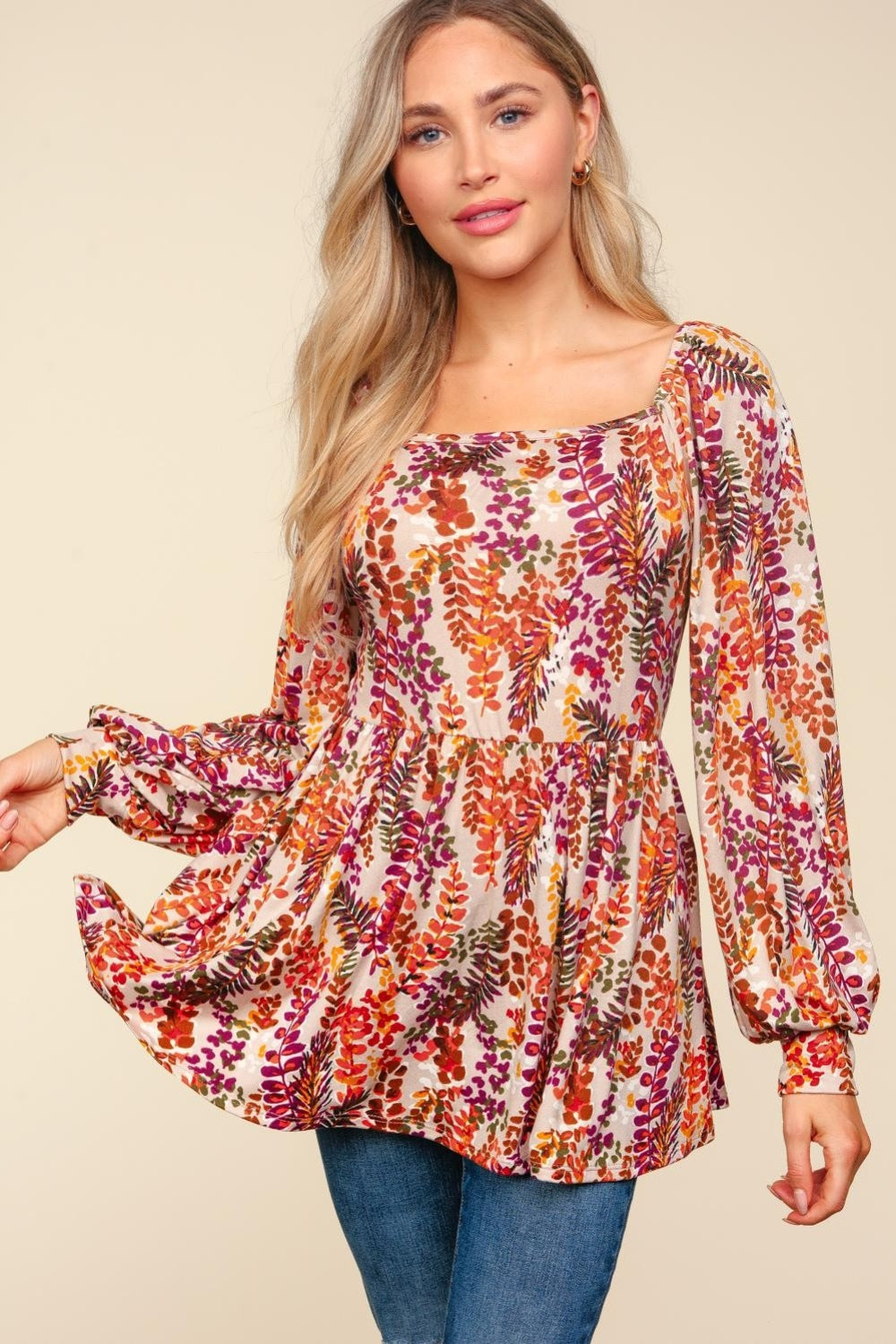 ONLINE ONLY Full Size Peplum Floral Square Neck Blouse