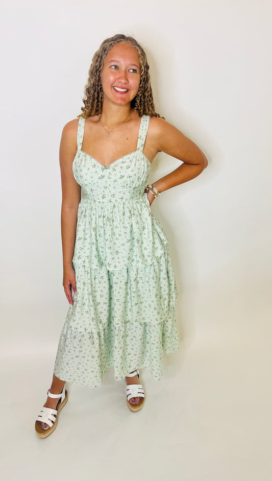 Floral Sleeveless Corset Ruffle Tiered Midi Dress