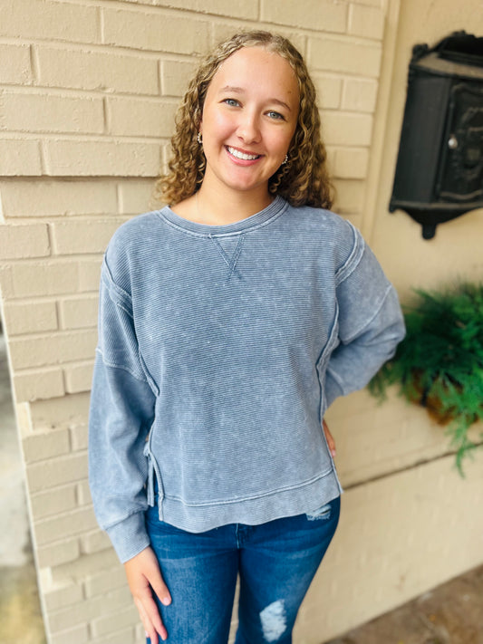 Washed Side Slit Pullover - Denim