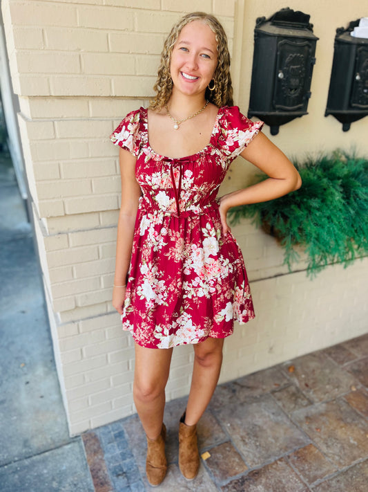 Floral Ruffle Trim Velvet Front Tie Dress - Burgundy