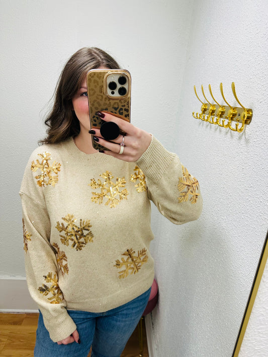 Sequin Snowflake Solid Knit Sweater - Sand