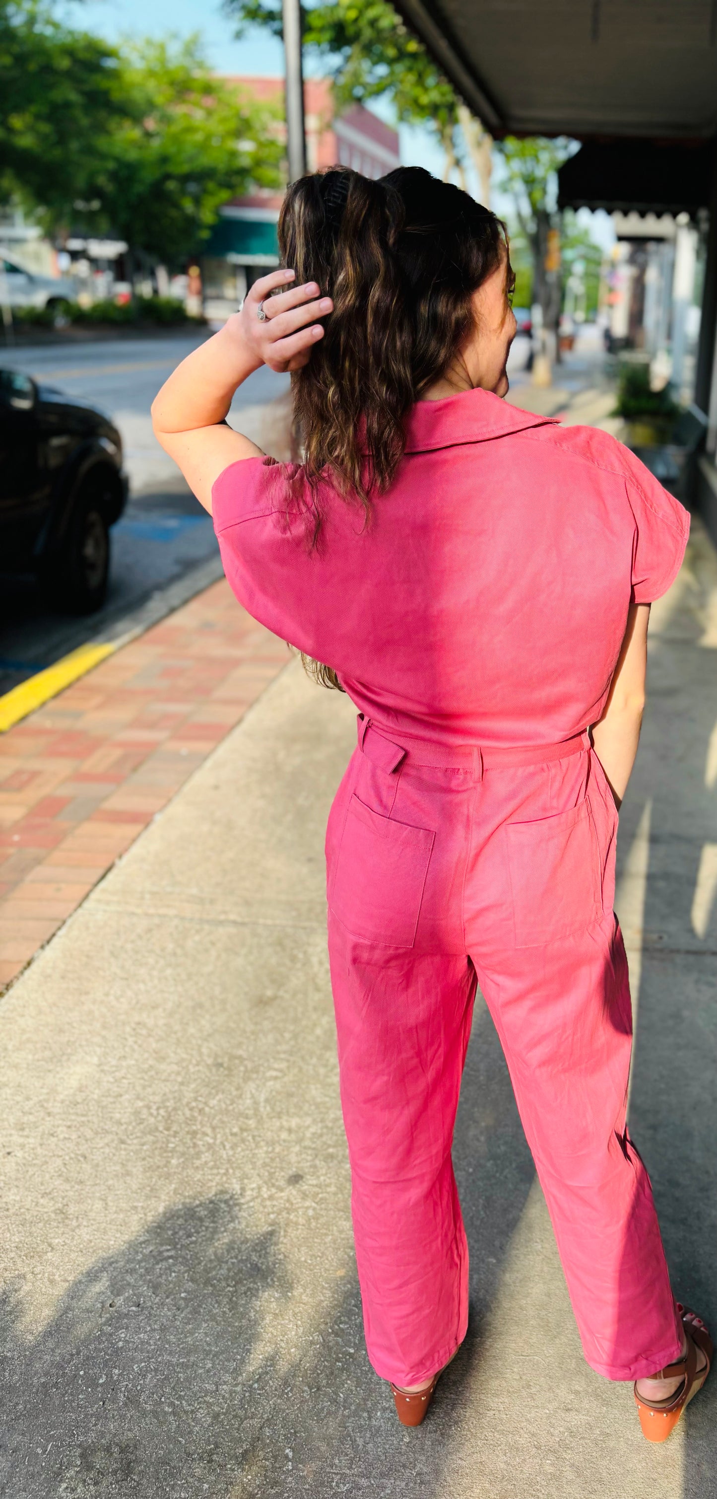 Short Sleeve Jumpsuit With Wrap V-Neck Lapel Collar - Rose