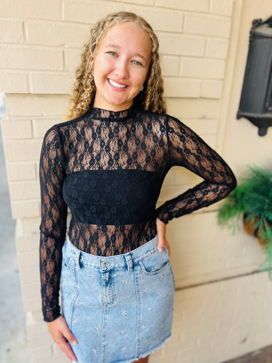 Fitted Sheer Mesh Lace Knit Top - Black