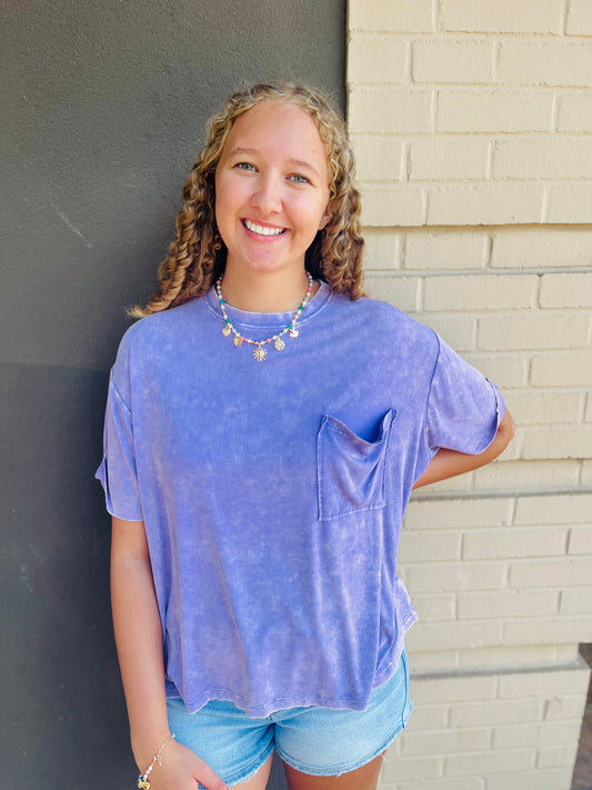 Washed Ribbed Round Neck Top - Lavender