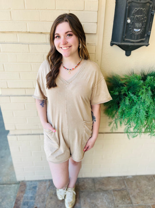 Mineral Wash Romper - Taupe