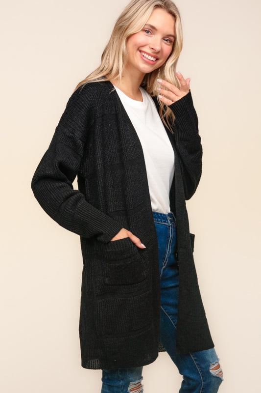 Stripe Textured Open Front Cardigan with Pockets