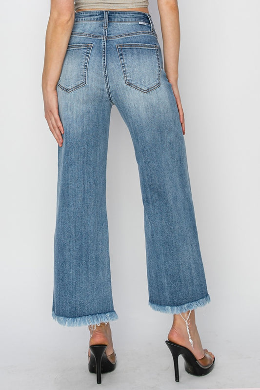 ONLINE ONLY RISEN Raw Hem Cropped Wide Leg Jeans