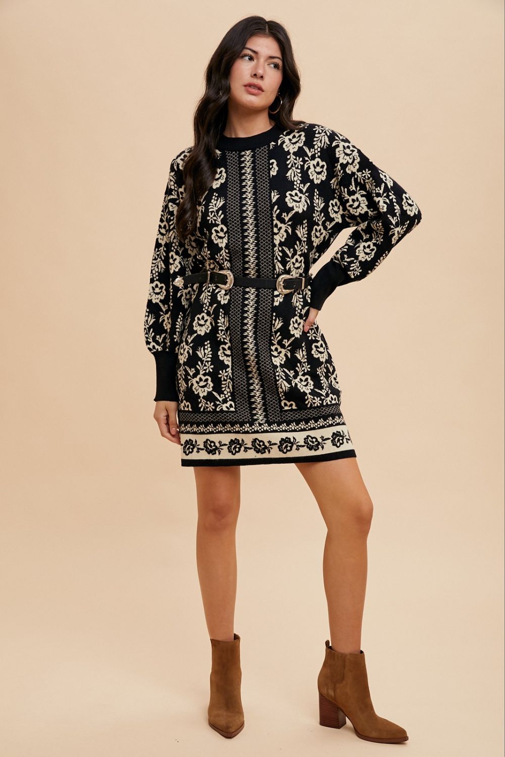 Floral Jacquard Round Neck Sweater Dress ONLINE ONLY