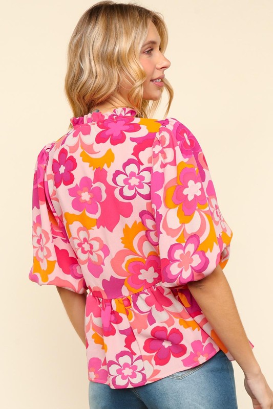 Full Size Frill Floral Puff Sleeve Blouse