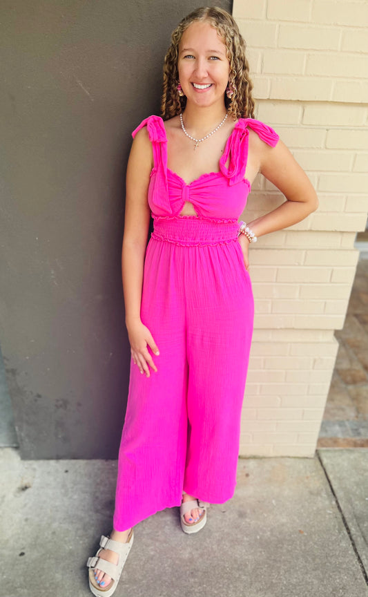 Shoulder Tie Strap Front Tie Jumpsuit - Pink
