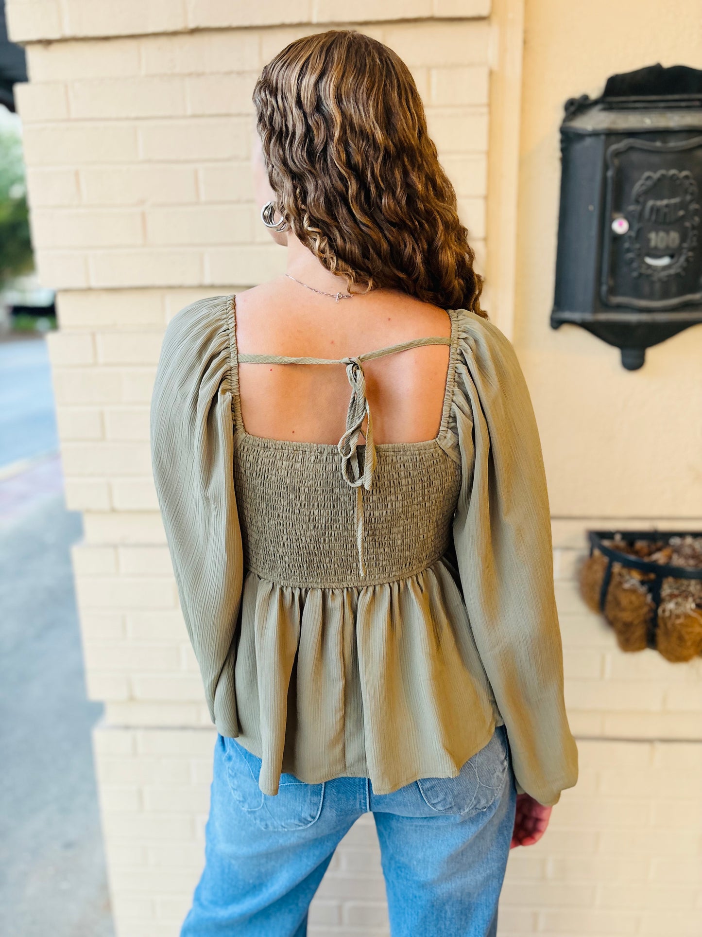 Crinkled Babydoll Blouse Top - Olive