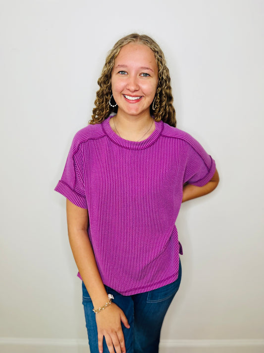 Corded Rib Short Cuff Sleeve Raw Edge Top - Light Plum