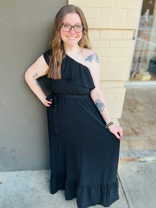 One Shoulder Ruffle Maxi Dress - Black