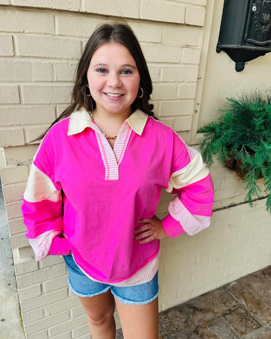 Color Block Solid & Stripe Knit Pullover - Pink