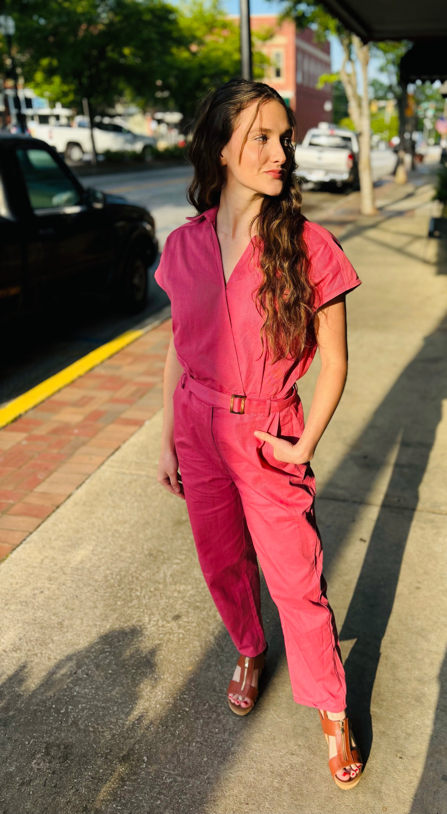 Short Sleeve Jumpsuit With Wrap V-Neck Lapel Collar - Rose