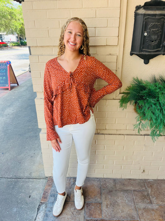 Dotted Ruffled Bell Sleeve V - Neck Blouse - Camel
