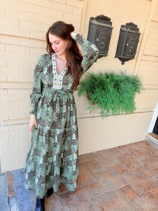Cotton Patchwork Embroidered Maxi Dress - Olive Multi