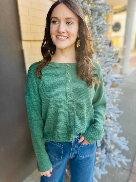 Waffle Knit Henley Long Sleeve Top - Hunter Green