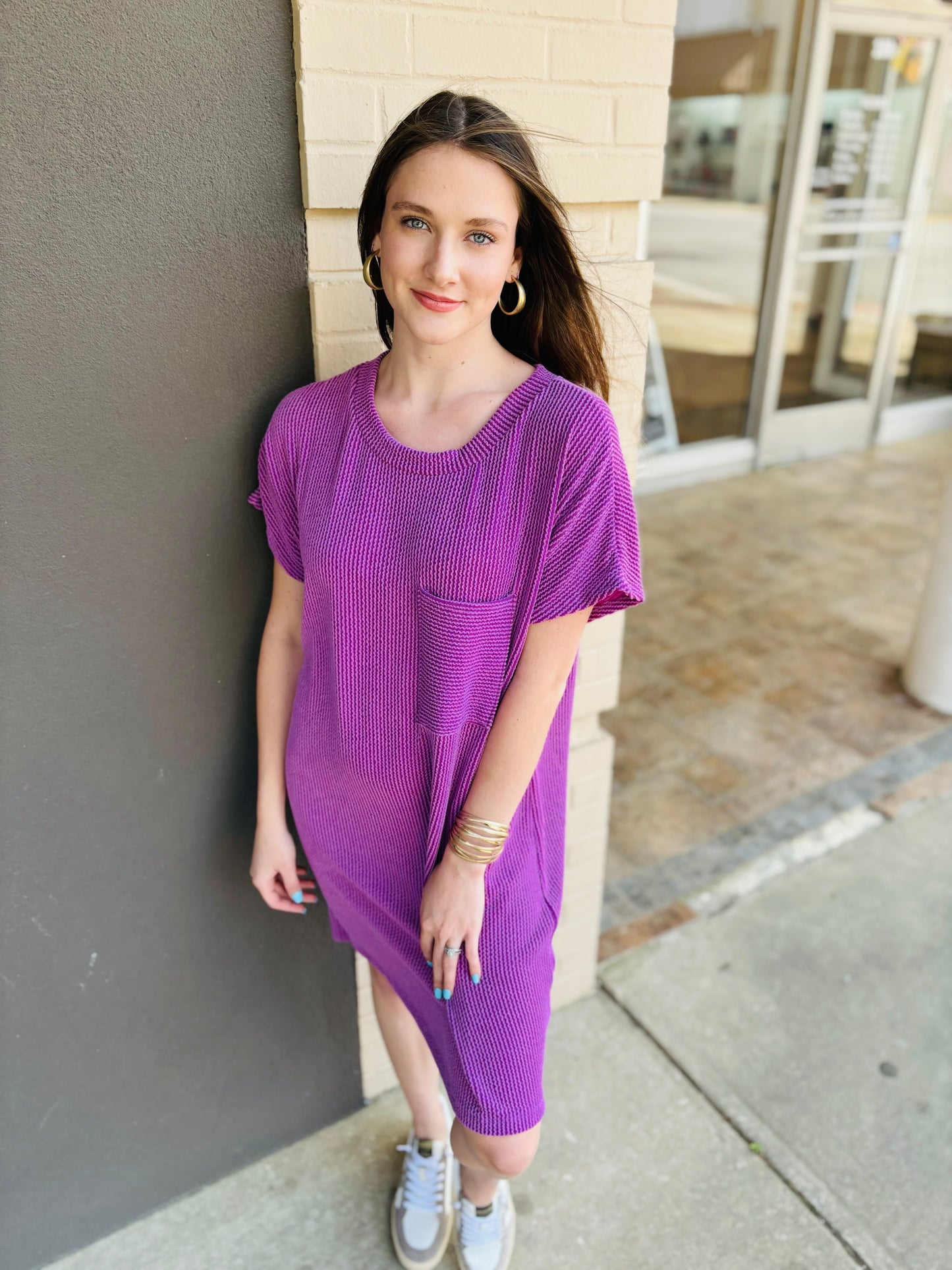 Short Sleeve Pocket Tee Dress - Purple