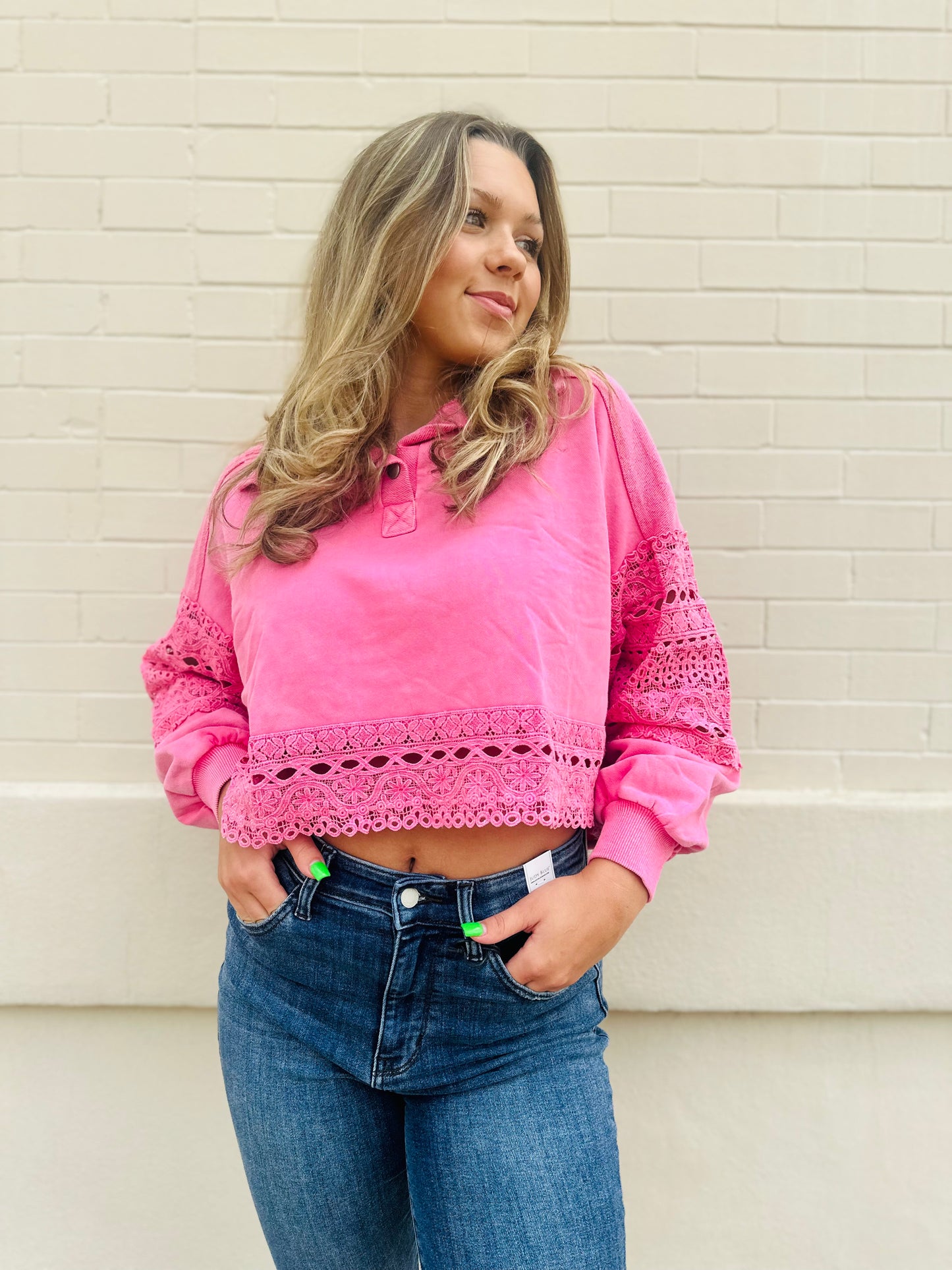 Garment Washed Lace Edge Pullover - Hot Pink