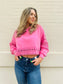 Garment Washed Lace Edge Pullover - Hot Pink