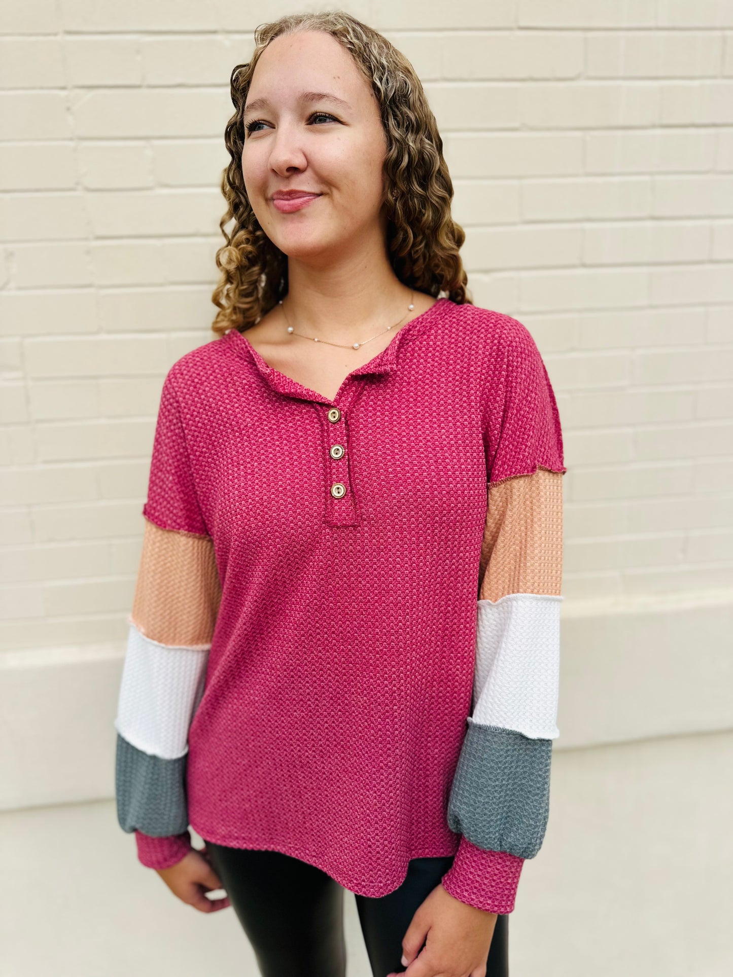 Color Block Waffle Knit Top - Burgundy