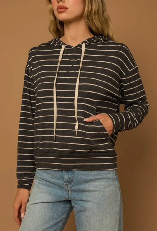 Long Sleeve Solid Hoodie Stripe Top - Charcoal