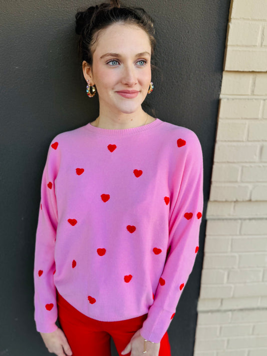 Dolman Sweater with Contrast 3D Hearts - Pink