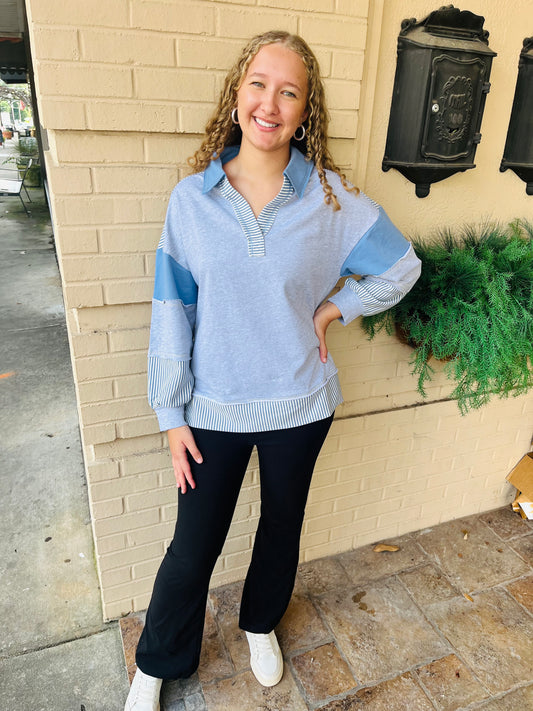 Color Block Solid & Stripe Pullover - H Gray