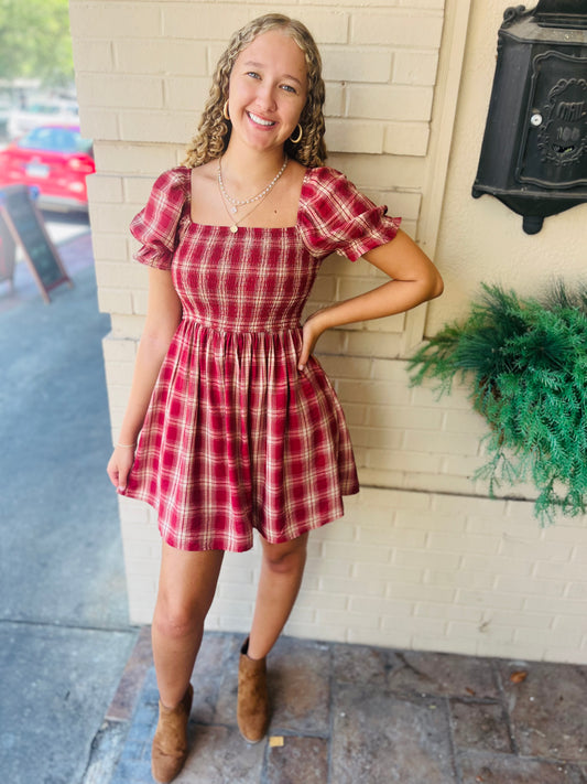 Plaid Smocked Puff Sleeve Dress