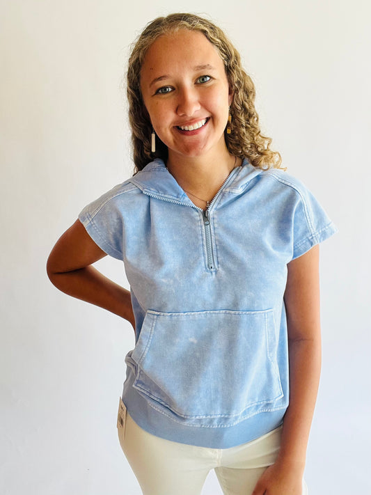 Washed Hooded Half Zip Knit Top