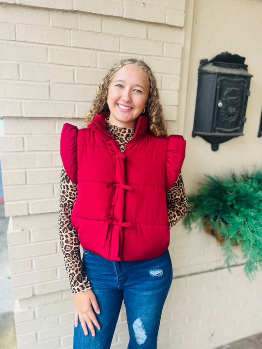 Flutter Sleeve Bow Detail Puffer Vest - Burgundy