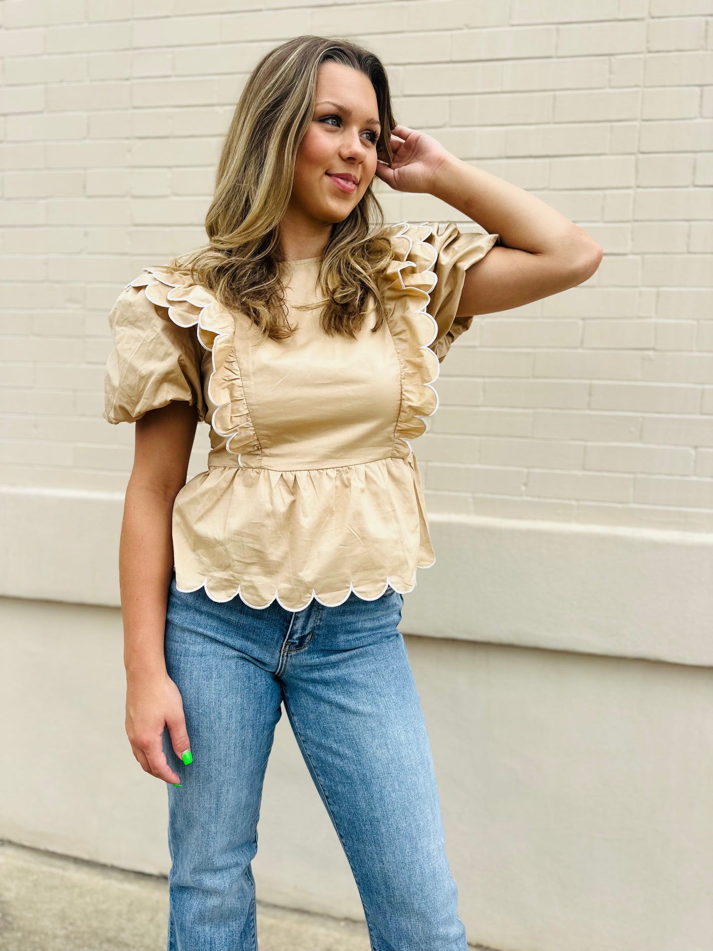 Scalloped Detail Round Neck Top - Khaki